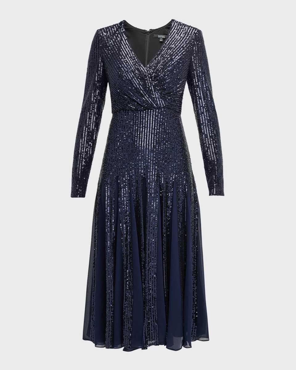 Long-Sleeve Sequin Godet Midi Dress